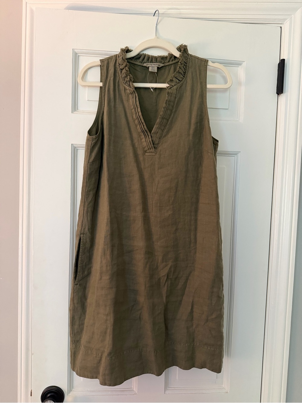 Tommy Bahama Olive Green Ruffle Neck Top, small
